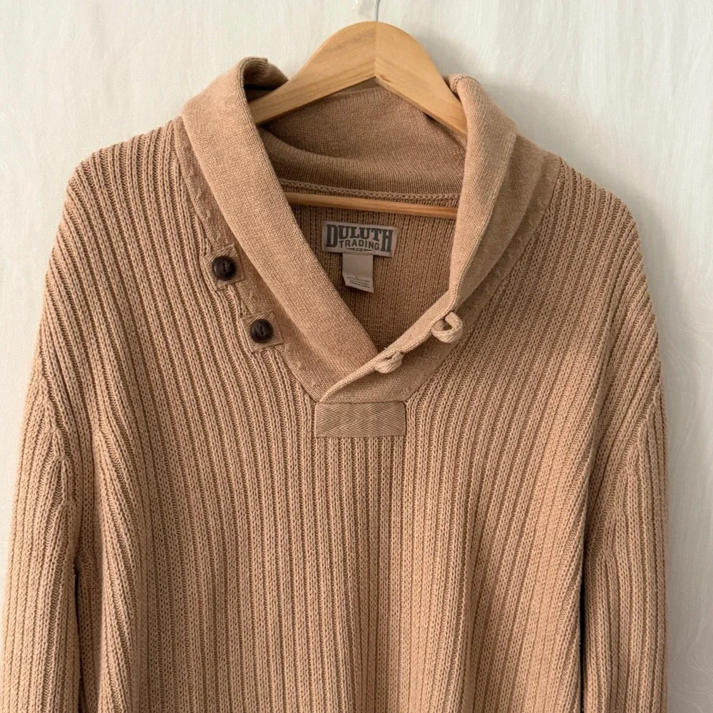Duluth Trading‎ Co Shawl Collar Sweater Mens L Tan Excellent Cotton Wool Ribbed